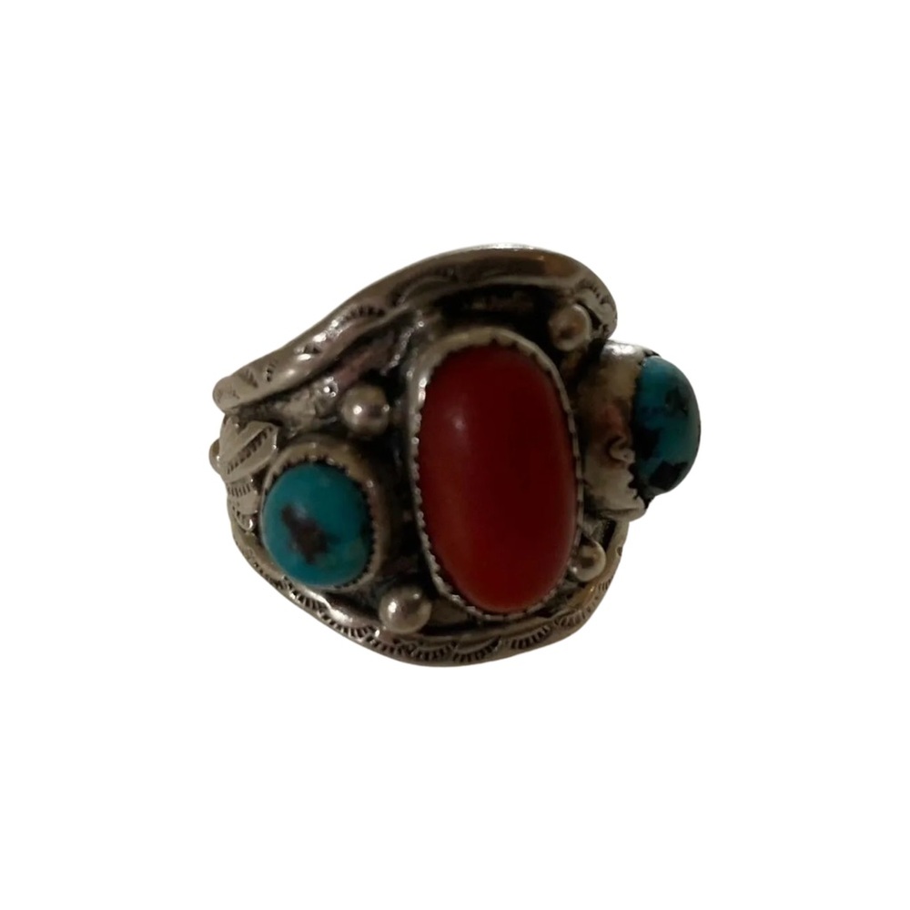 Sterling Silver Turquoise & Coral Ring